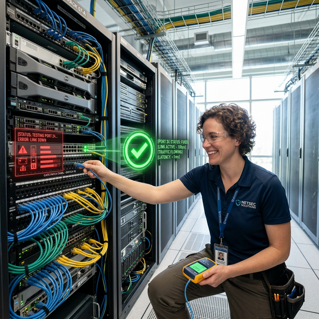 Technical expert analyzing a problem on a server with network cables.