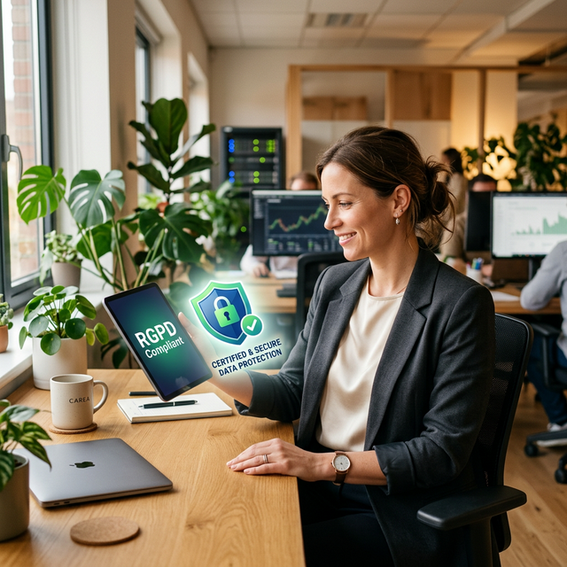 Protection badge and GDPR compliance documents.