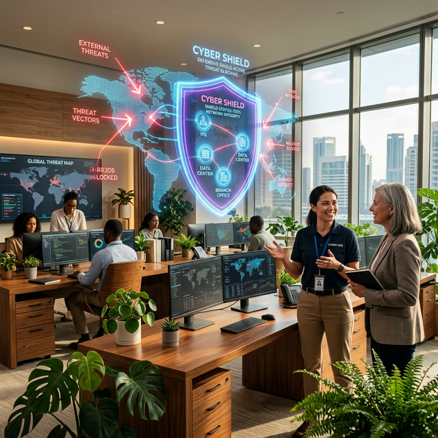 Protection shield surrounding a computer network against cyber threats.